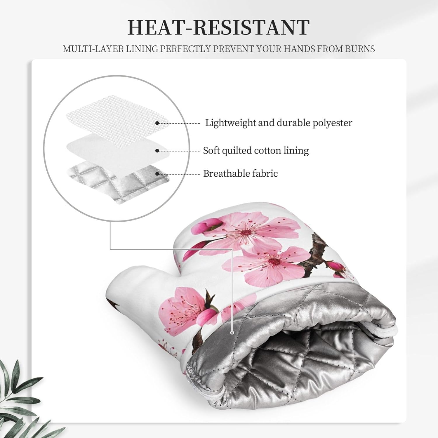 Tempting Cherry Blossoms Oven Mitts and Pot Holders Set of 4 Heat Resistant Kitchen Gloves with Silicone Palm Hot Pads for Baking Cooking Grilling BBQ