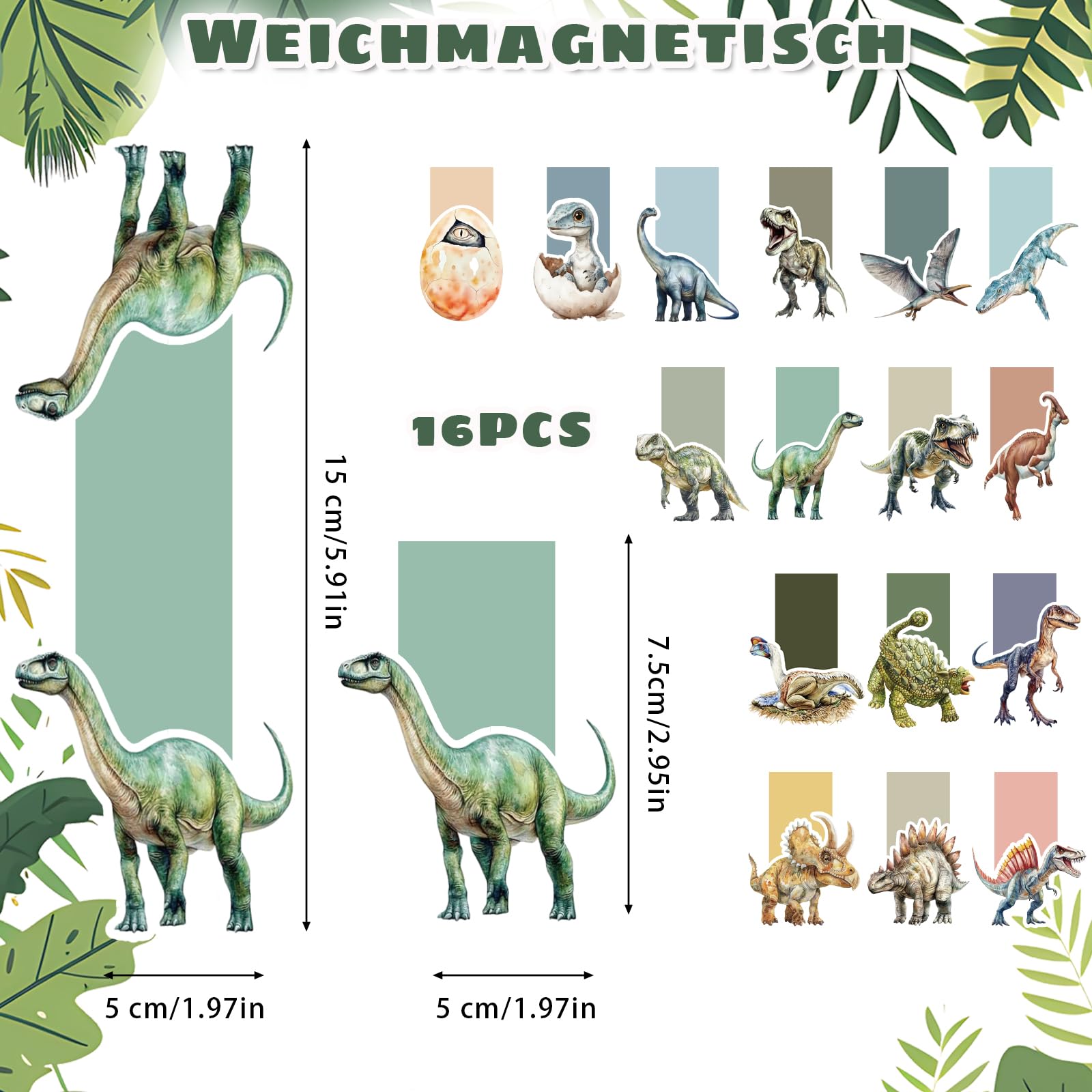 16 magnetycznych zakładek, dinozaurów | Papier powlekany, miękkie magnesy, 16 wzorów, płaskie i przenośne na książki, notatniki i prezenty