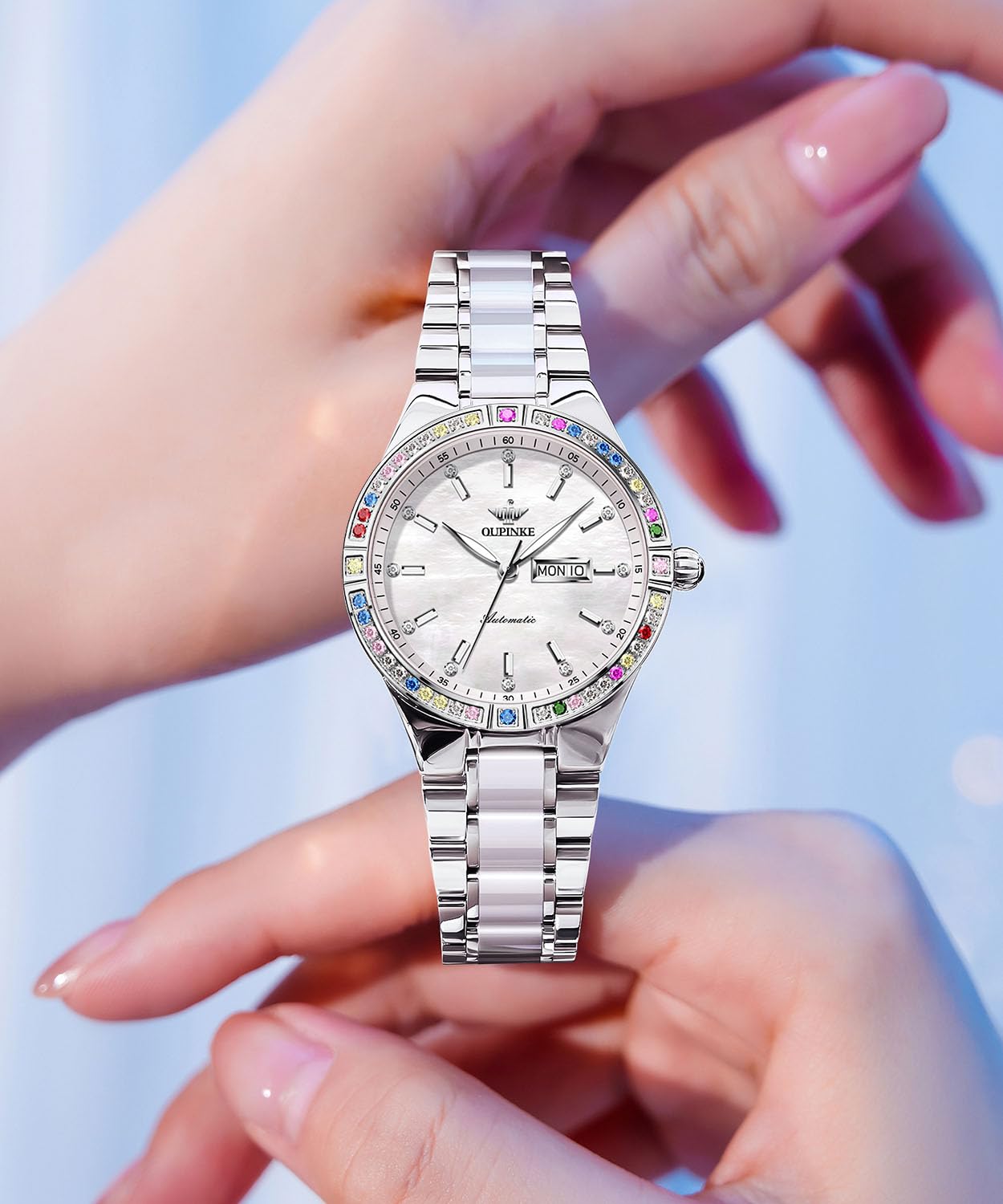 OUPINKE Relojes automáticos para mujer, con diamantes coloridos, elegante, de lujo, oro rosa, mecánico, cristal de zafiro, reloj de pulsera, 3283: blanco