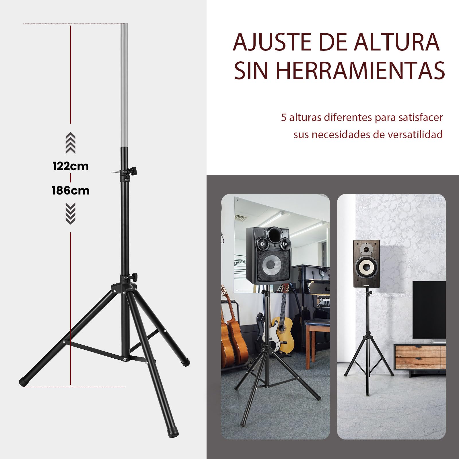 SOARS Trípode para Altavoces, Soporte para Cajas 122-186 cm Regulable en Altura, Trípode Extensible, Cargable hasta 50 kg, Soporte para Dardos, Fotos, Negro