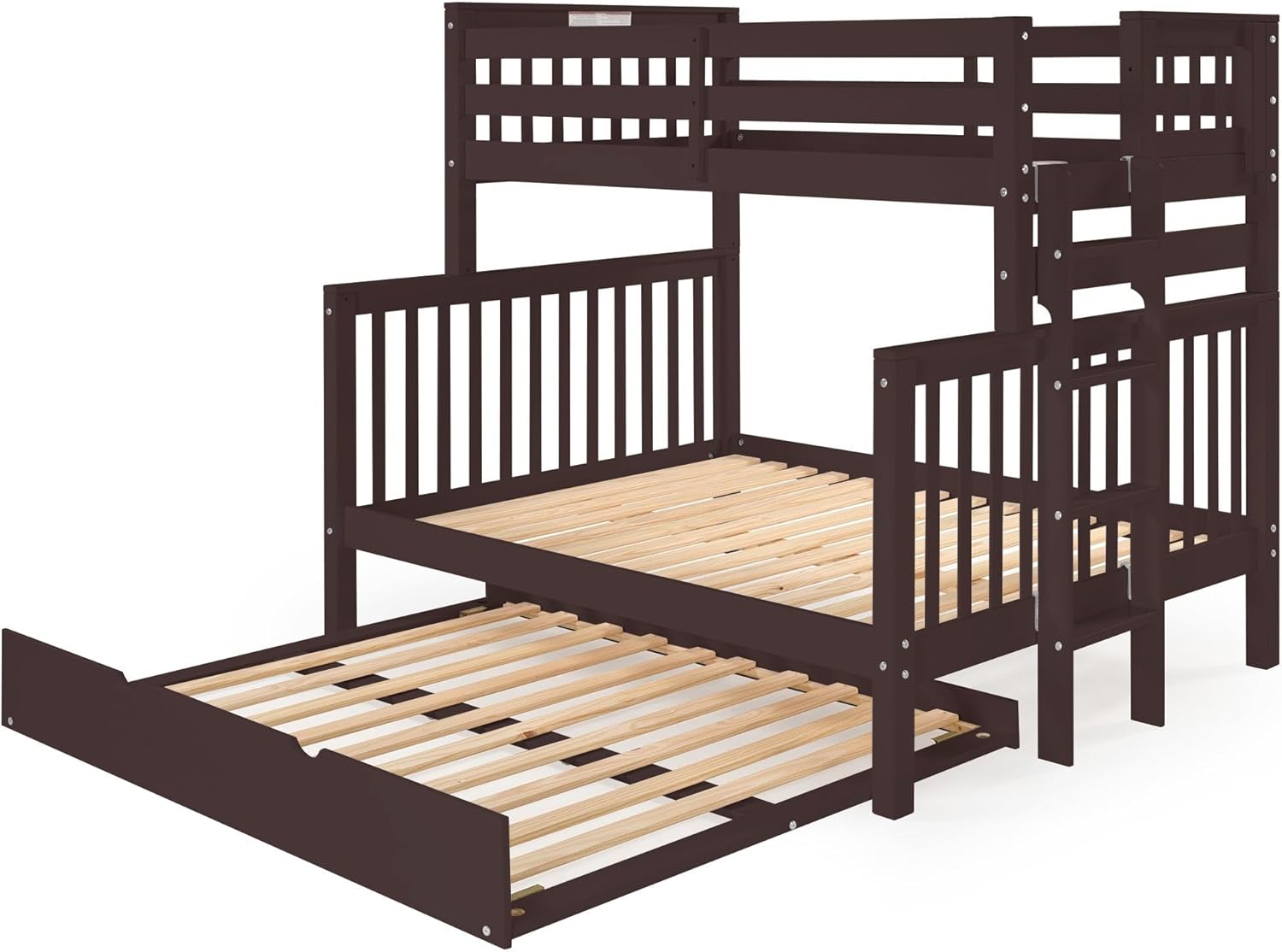 Bedz King Bunk Beds Twin Over Full Mission Style, End Ladder, Full Trundle, Dark Cherry