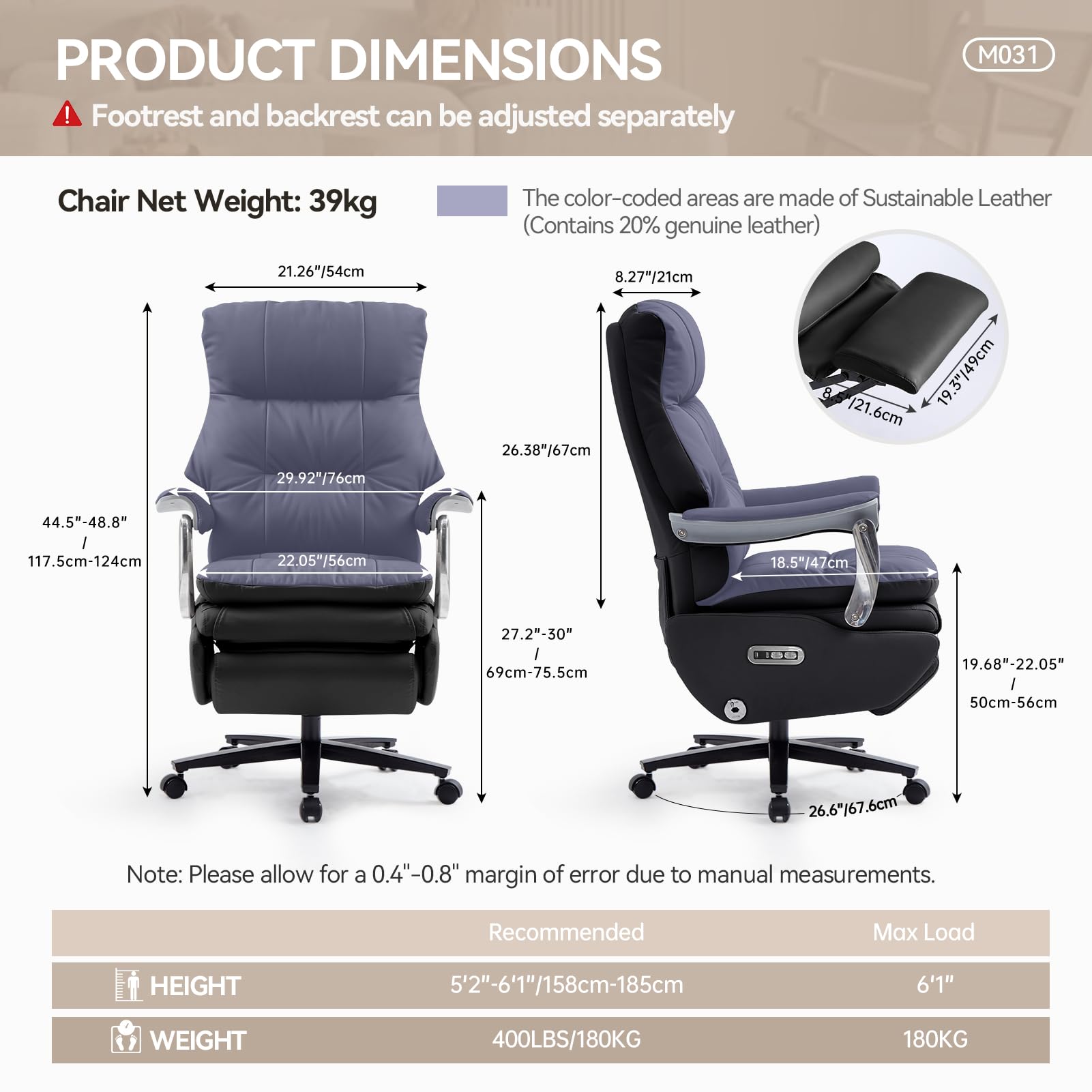 Dual Motor Electric Executive Office Chair with Foot Rest Comfy Reclining Office Chair with Massage Big and Tall — view 3