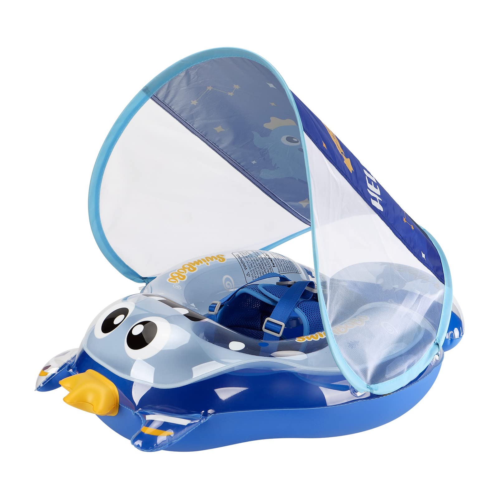 Free Swimming Baby Infant Pool Float with Sun Canopy Inflatable Baby Swimming Floatie with Sponge Safety Bottom Support Water Toys Swim Trainer (Blue, Large)