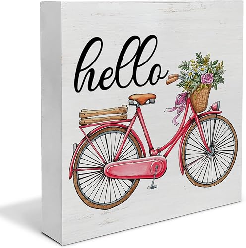 Letrero de madera de verano, decoración de escritorio, letrero de Hello Floral Bicicleta, caja de madera, letrero de bloque de granja, estante para