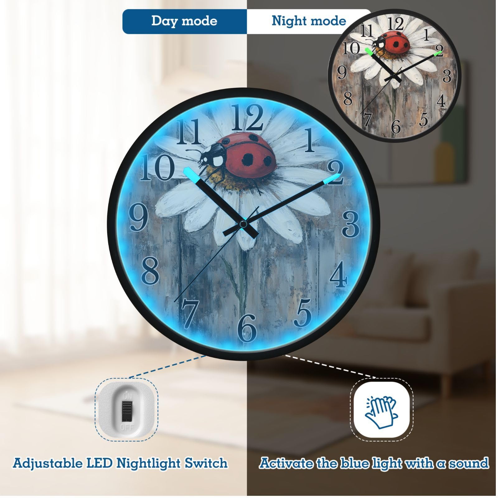 Mnsruu White Daisy - Reloj de pared de madera con diseño de mariquitas, funciona con pilas, silencioso, brilla en la oscuridad, para sala de estar, cocina, 30,5 cm