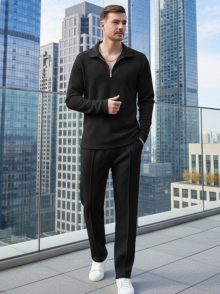 Men's Modern 2-Piece Tracksuit Set,Long Sleeve Polo Shirt & Jogger Pants, Casual Loungewear Sweatsuit Men