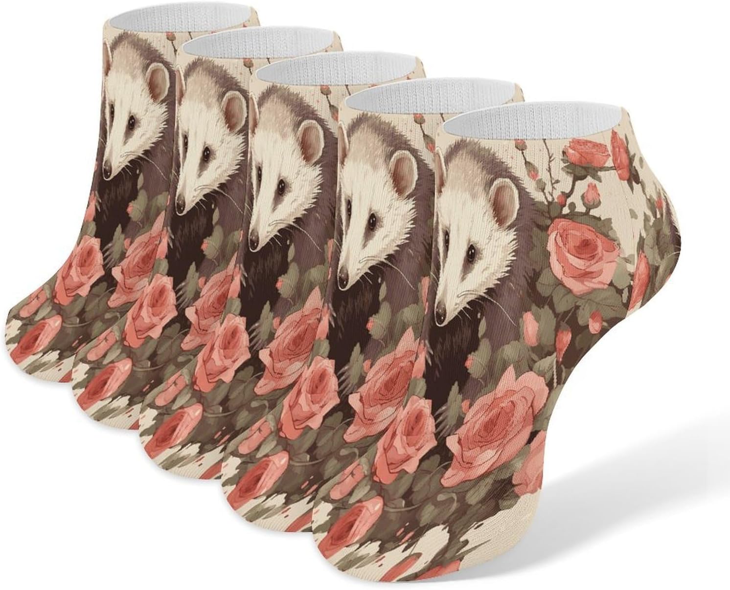 Opossum And Roses Ankle Socks for Men Women 5 Pairs | Comfortable Casual Low Cut Socks, Lightweight No Show Breathable Athletic Socks, Soft Mini Crew Socks for All Seasons