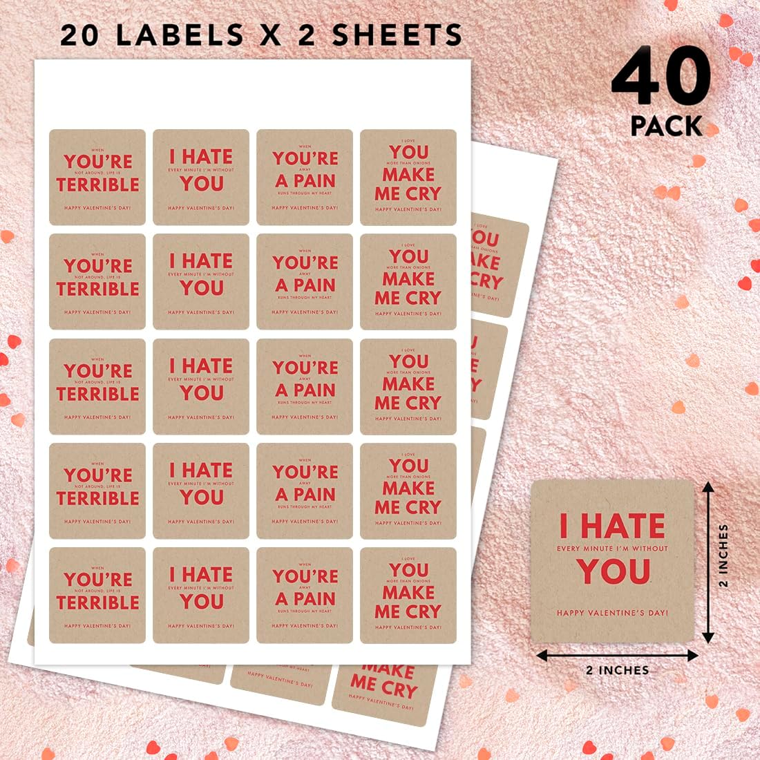 Andaz Press Funny Valentines Day Stickers, Witty Valentine's Day Labels Stickers, 2 Inch Square Red Kraft Galentines Day Stickers, 40 Pack Funny Valentine Stickers Valentine Party Favors