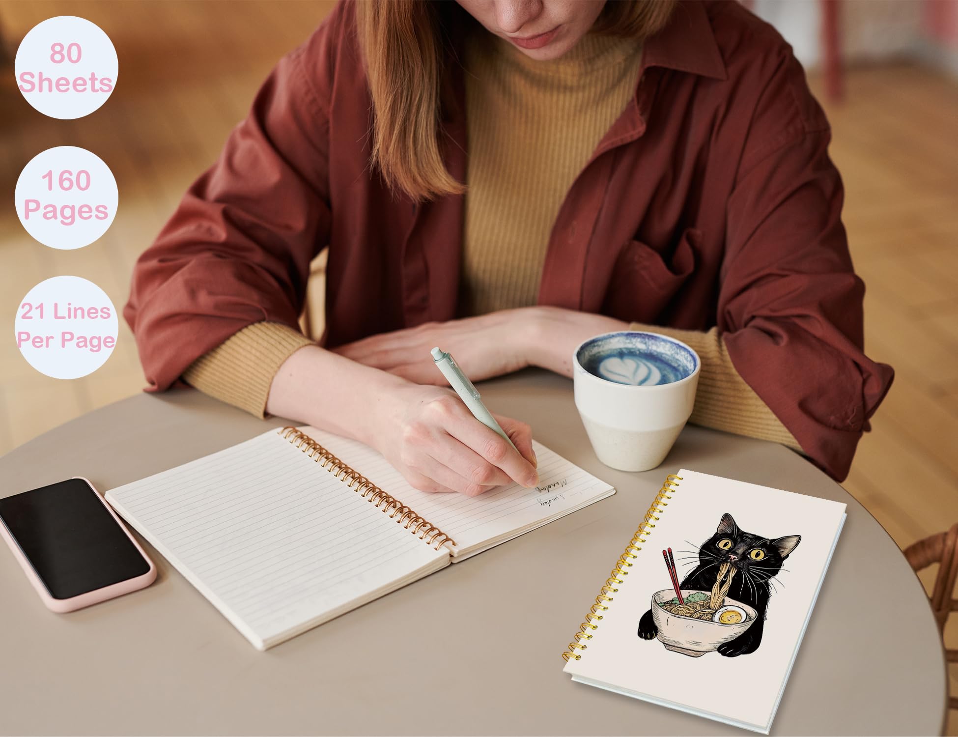 ICEWHITEY Cuaderno de gato negro, regalos de gato negro, divertido diario de gato negro come fideos, regalos para amantes de los gatos, regalos de mamá y gato, suministros de oficina para gatos