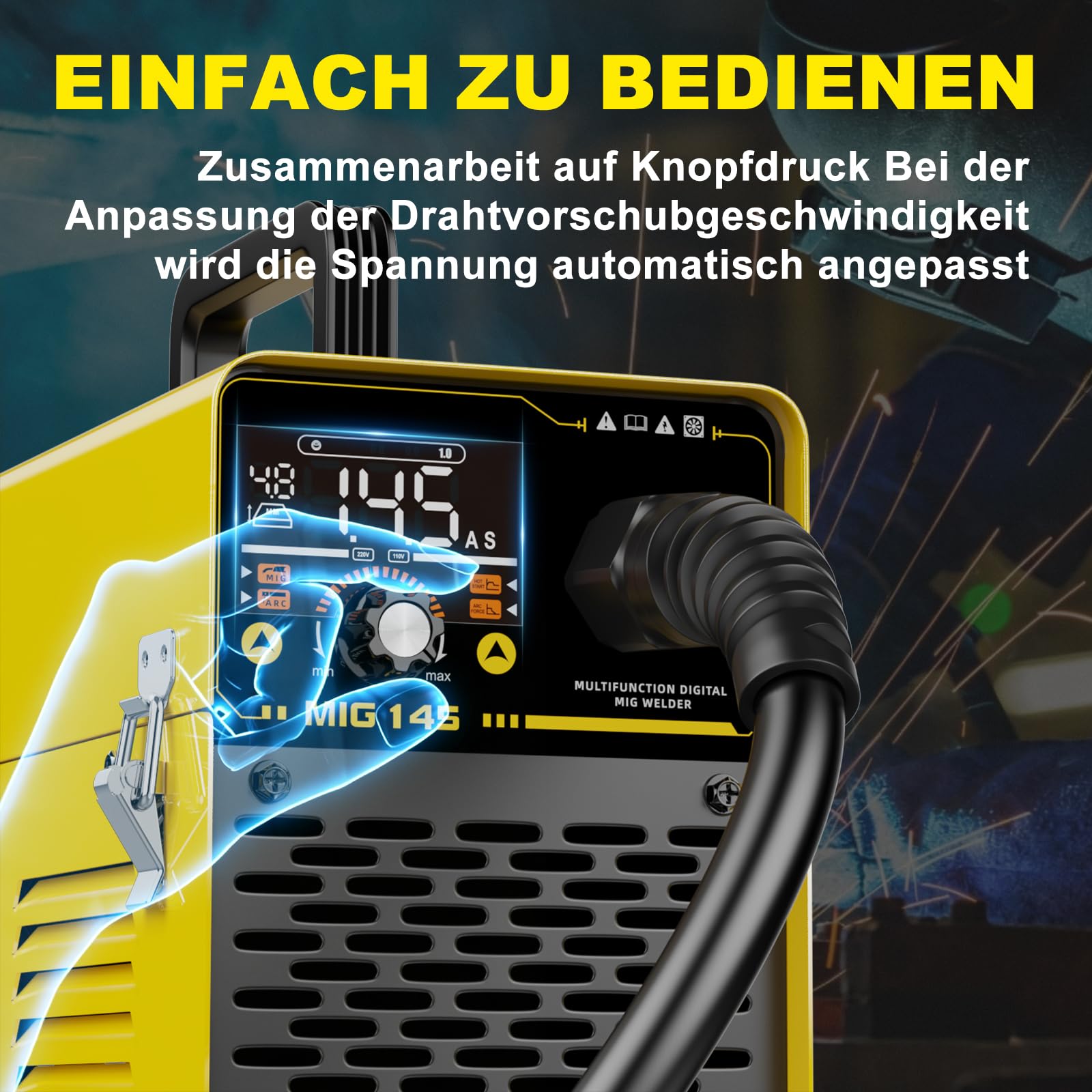 Haxiaoer 145A 3-In-1 Fülldraht Schweißgerät Ohne Gas,LED Licht | 3-In-1, ARC/Flux MIG/MMA Lift WIG - Funktion,Kompakt Inverter Schweißgerät,Synergischer Drahtvorschub