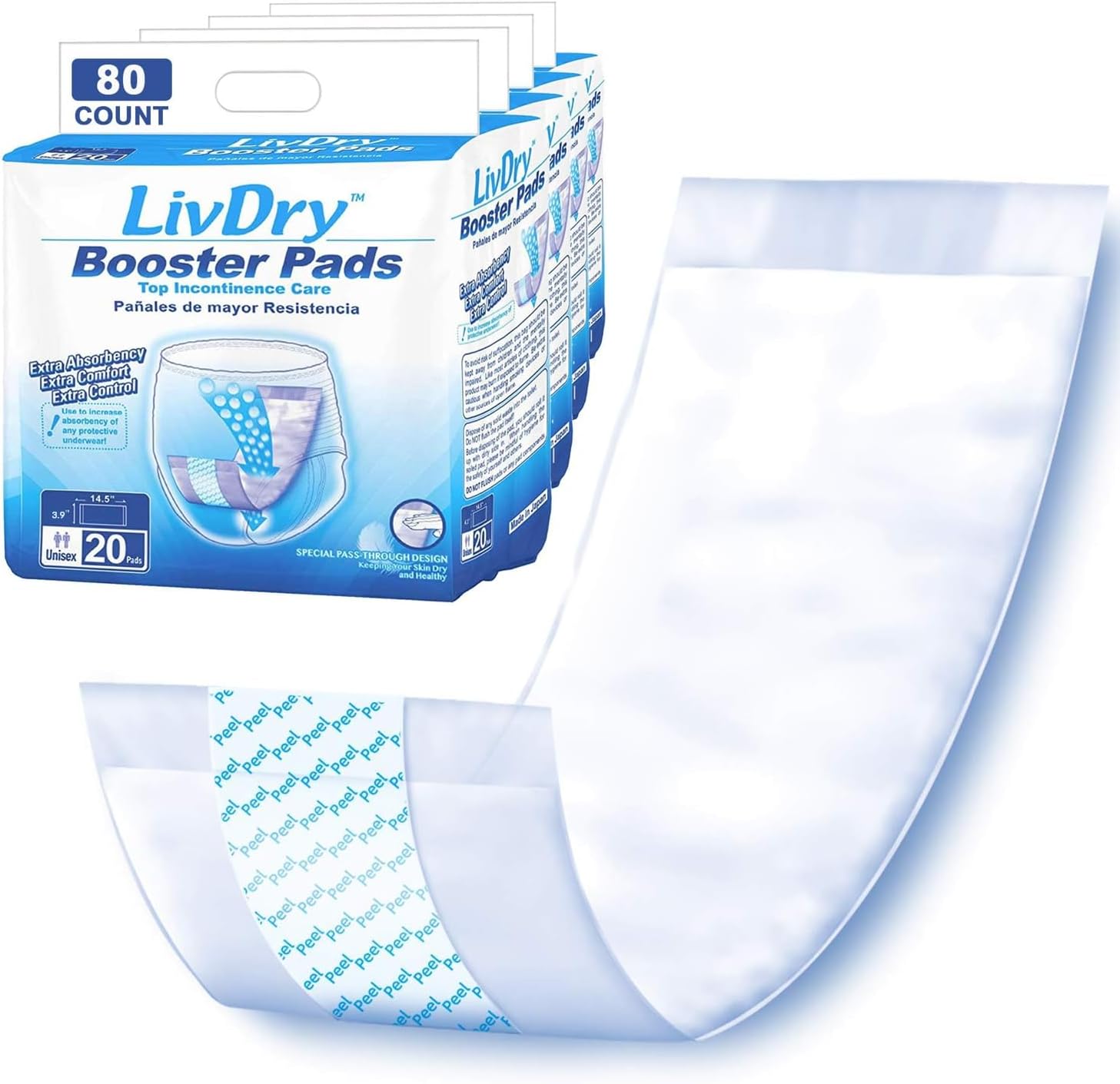 Incontinence Booster Pads, Use with Adult Diapers for Women and Men, Extra Comfort Softness, Disposable Pad (80 Count, Regular Length)