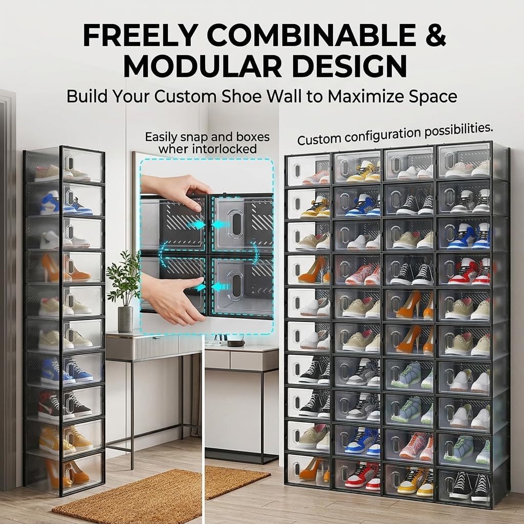 32 Pack Shoe Storage Boxes, Stackable Plastic Mesh Shoe Organizer for Closet, Breathable Freely Combinable Shoe Rack Substitute, Footwear & Dorm Storage Bins, Small (13"x9"x5.5"),Black