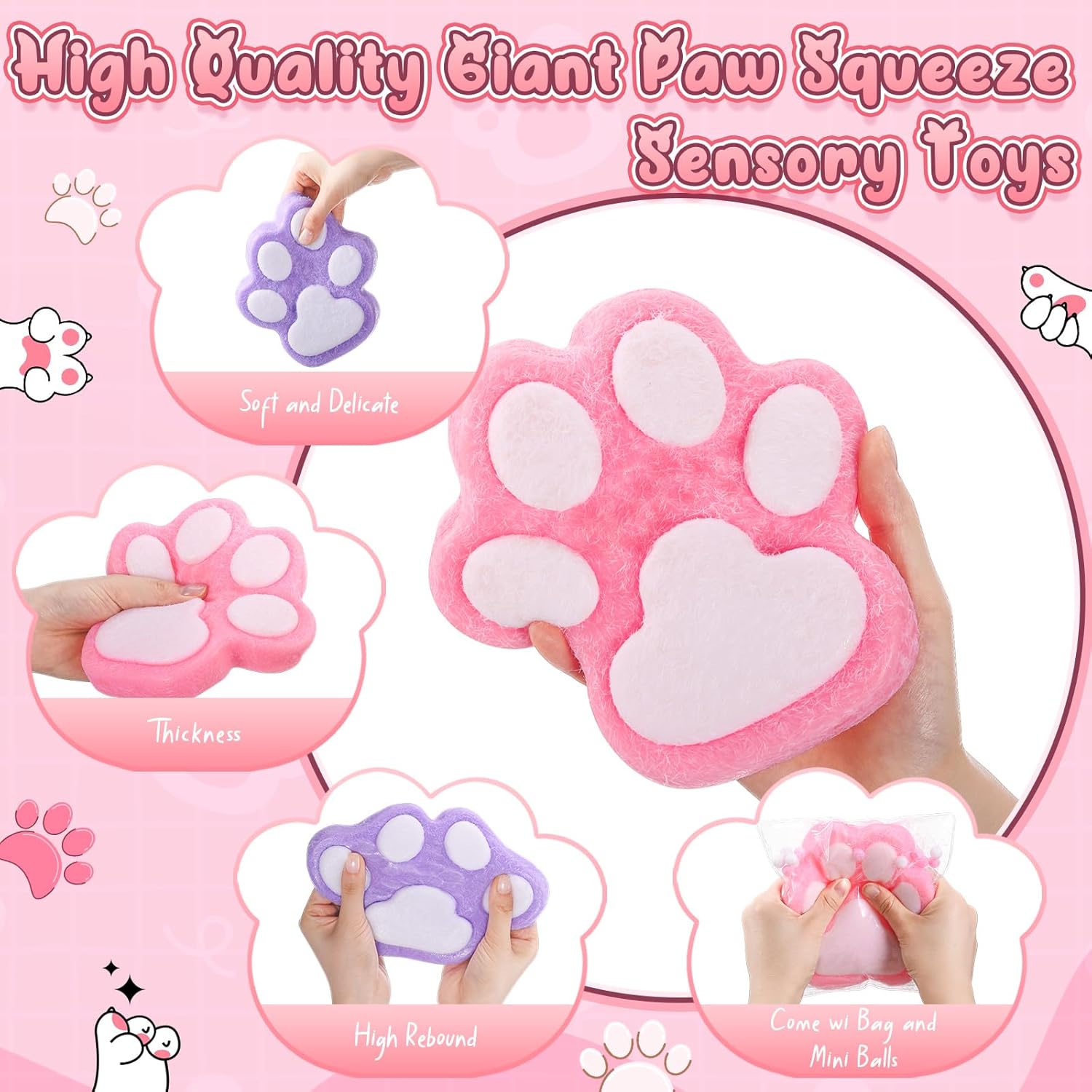 Civaner 2 Pcs Big Squeeze Cat Paw Gift, 5.9 Inch Large Taba Cute Squeeze Paw Mochi Fidget Stress Relief Sensory Soft Novelty Funny Kawaii Fufu Thing Adult Sticky Fur Ball Party Favors(Pink and Purple)