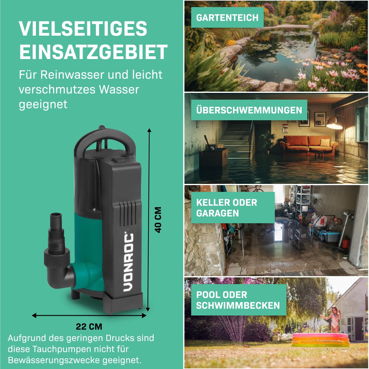 VONROC Tauchpumpe mit integriertem Schwimmer [750W] - Schmutzwasserpumpe für Keller, Pool, Gartenteich - Flachsaugend max Höhe [7,5m] - 1400 l/h für sauberes und schmutziges Wasser