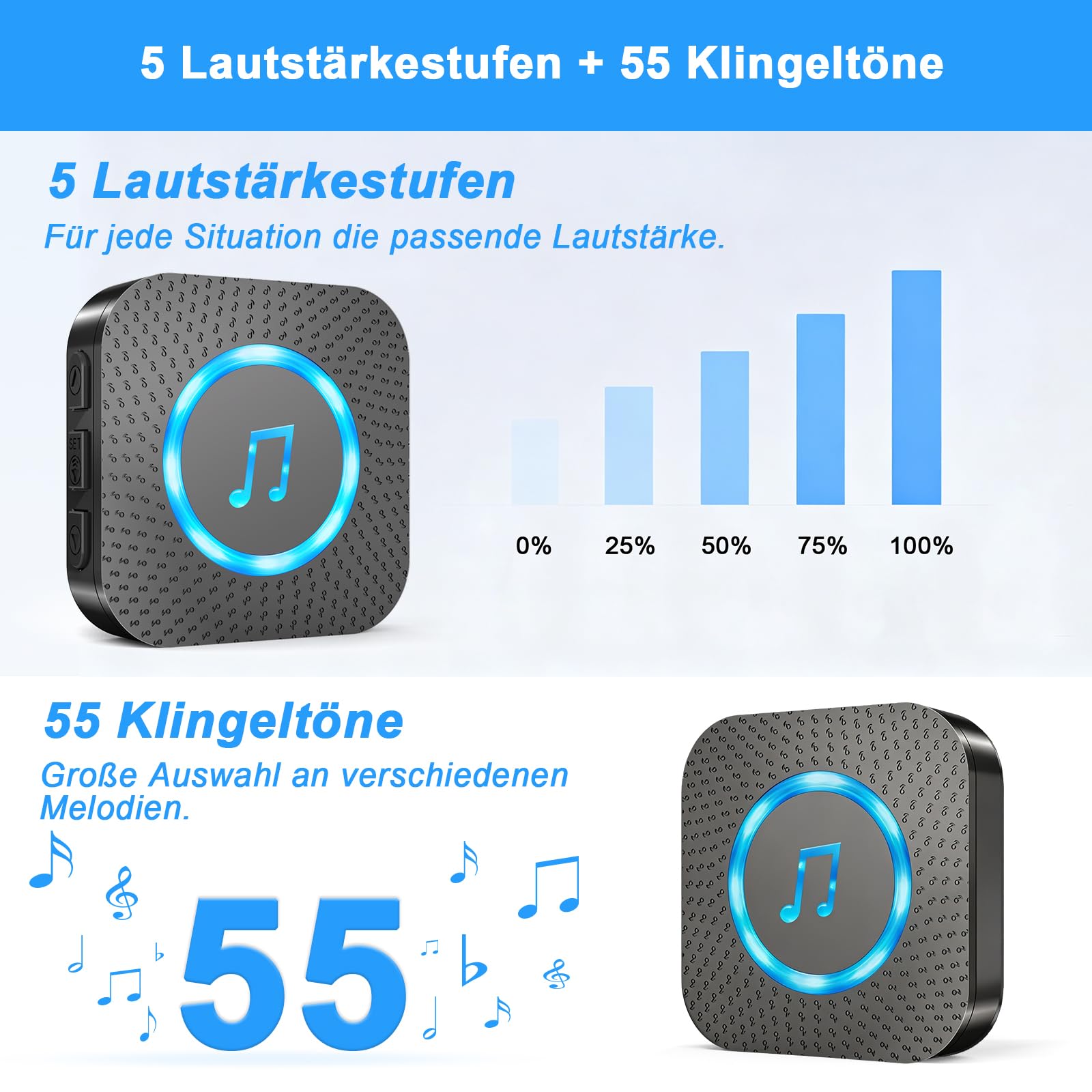 AIMAX Funkklingel mit 2 Sender und 3 Empfänger,klingel Haustür kit,400m Hohe Reichweite, IP55 Wasserdicht, 55 Klingeltöne, 5 Lautstärkestufen Mit LED-Blitz,kabellose Installation,Schwarz