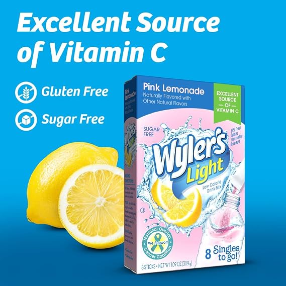 Wylers Light Pink Lemonade, Singles To Go, 8 Drink Sticks Per Box, 4 Boxes (32 Sticks Total)