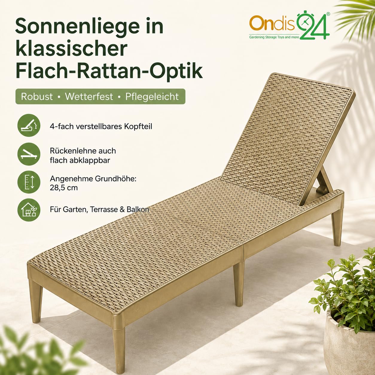 Ondis24 Gartenliege Milan Sonnenliege verstellbares Kopfteil, Relaxliege aus Kunststoff, Flache Rattan-Optik (ohne Kissen, Cappuccino)