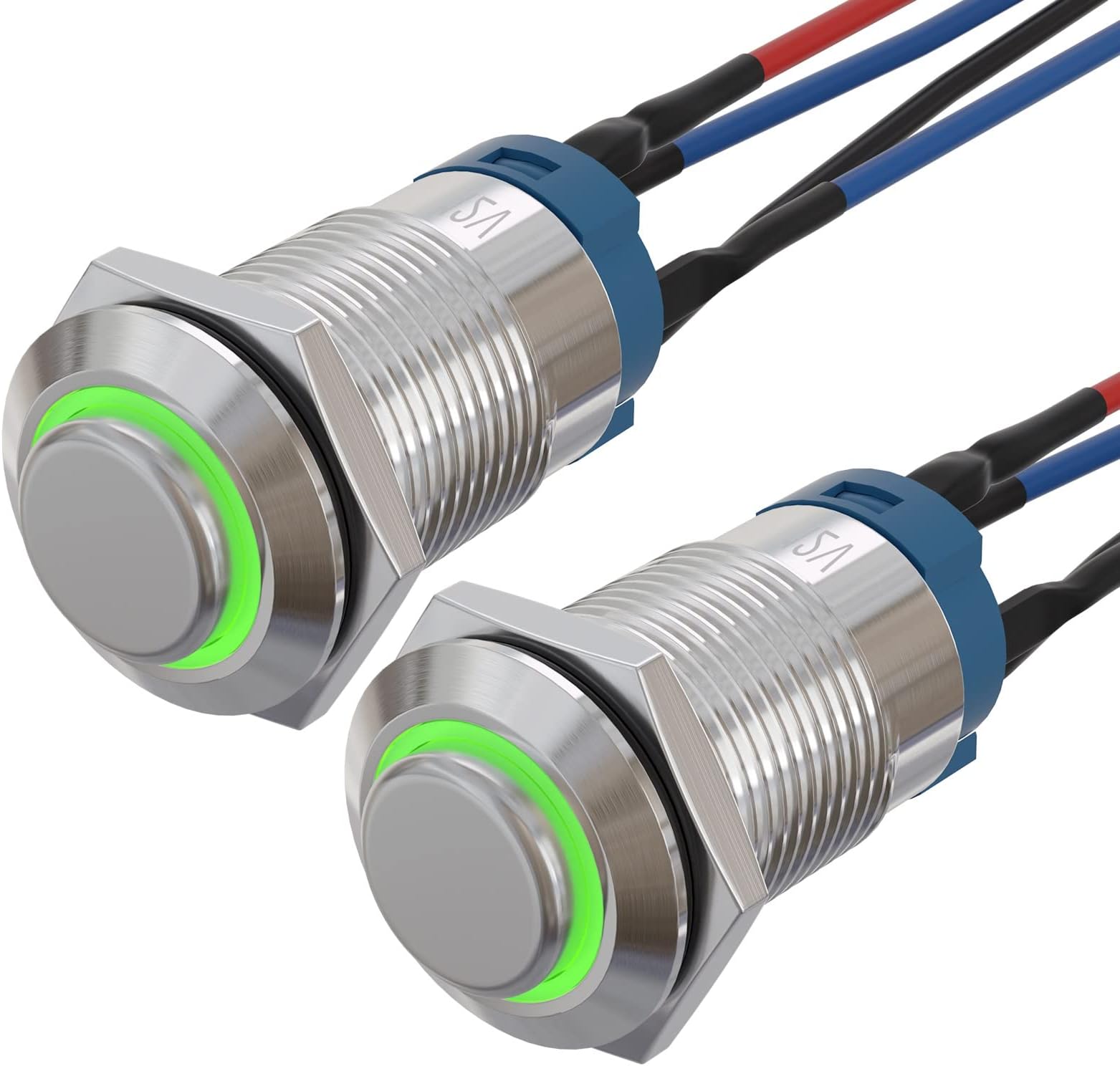 APIELE (Pcs of 2) 12mm Momentary Push Button Switch High Round Head Stainless Steel 1 Normally Open with Ring Led (Green)