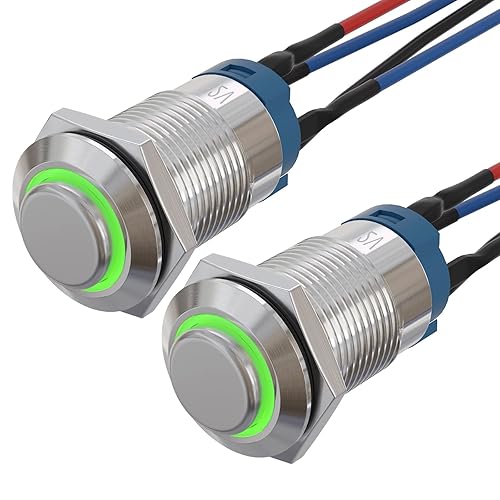 Vista 22 de APIELE (Pcs de 2) Interruptor de botón momentáneo de 0.472 in Cabeza redonda alta Acero inoxidable 1 normalmente abierto con anillo Led (azul)