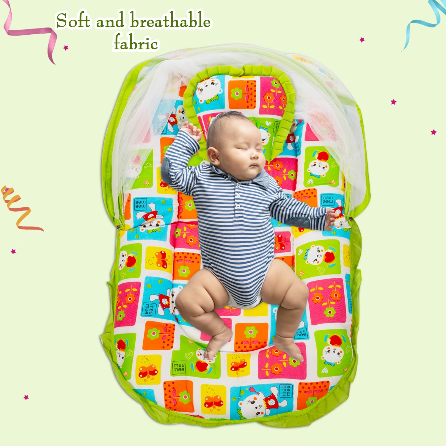 Mee Mee Cushioned Baby Mattress Set with Mosquito Net & Pillow (Green) 1