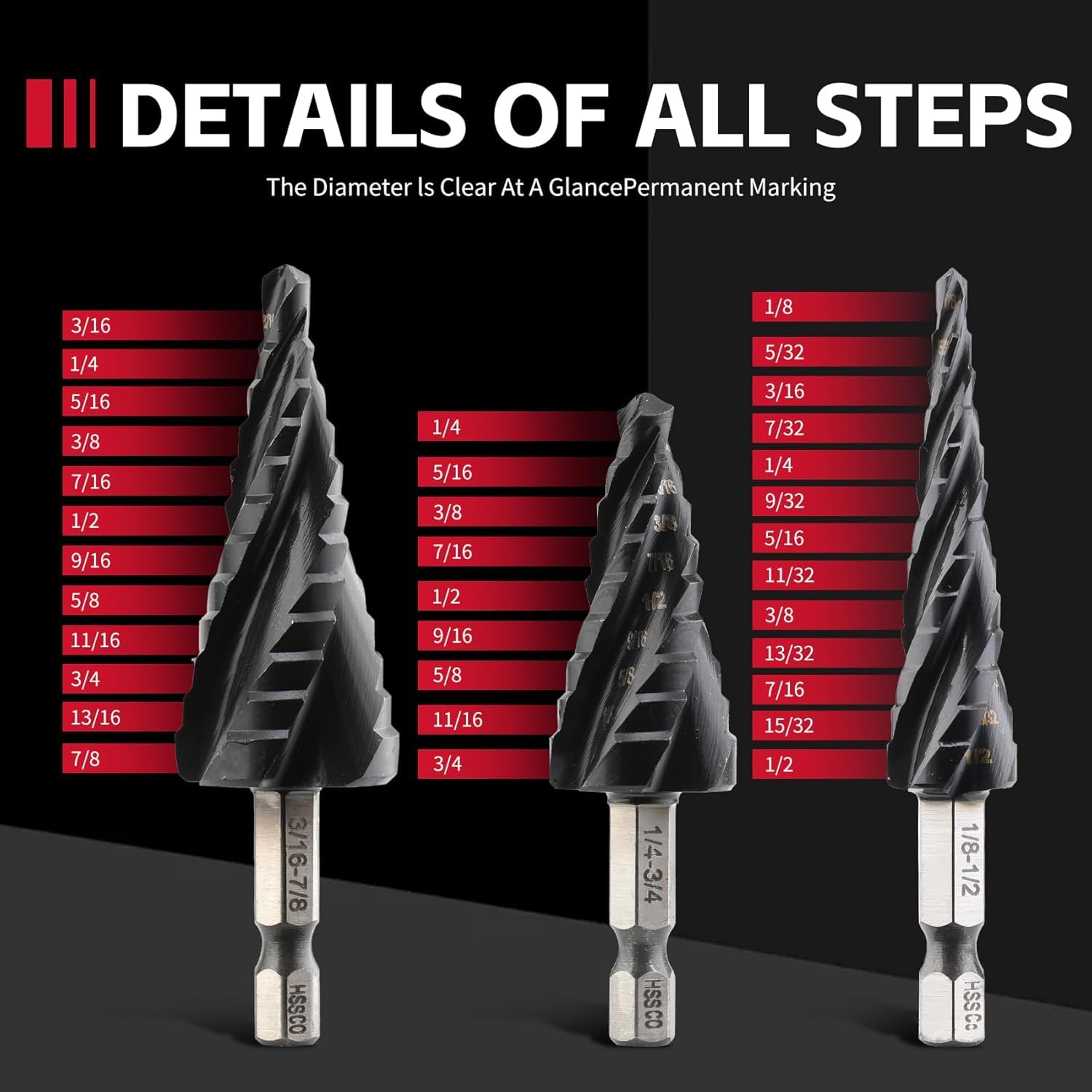 CKductpro M35 Cobalt Four Spiral Flute Step Drill Bit,1/8"-7/8" (3 pcs) Impact Resistant M35 HSS AlTiN Coated,1/4" Hex Shank Step Bit for Hole Drilling in Stainless Steel Copper - Image 2