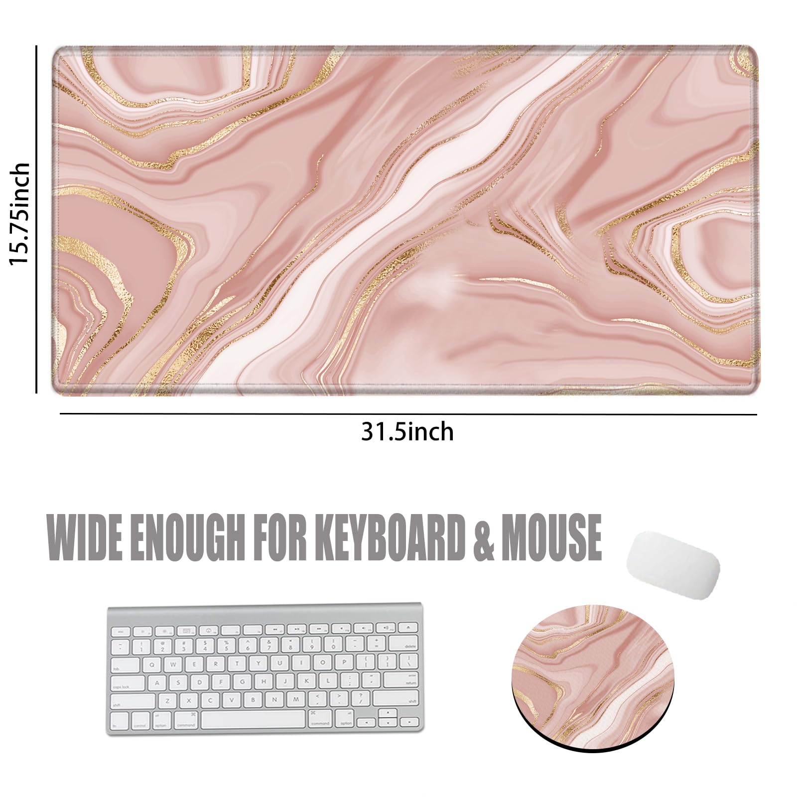 Tappetino per mouse da gioco, grande, in marmo rosa, XXL, grande tappetino da scrivania, base in gomma 31,5 x 15,75 cm, con bordi cuciti, tappetino per mouse per lavoro, casa, ufficio