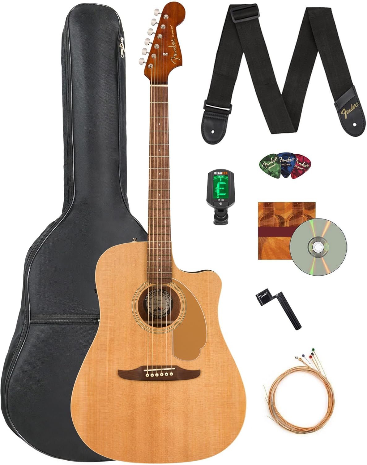 Fender Redondo Player Acoustic Electric Guitar Bundle with Midnight Blue Gig Bag, Strap, Clip-on Tuner, Strings, String Winder, Picks, and Austin Bazaar Instructional DVD - Natural