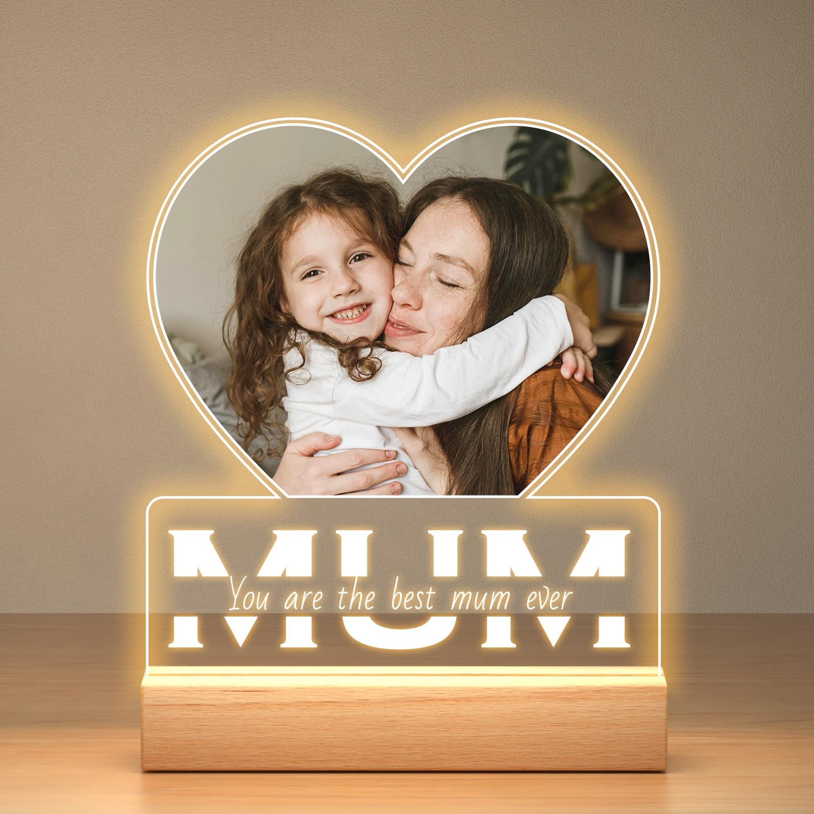 Personalised Gifts for Mum from Daughter and Son, Personalised Heart Photo Frame with Photo, Customised Picture Frame with Night Light, Customised Birthday Gifts for Mum, Baby, Kid, Family