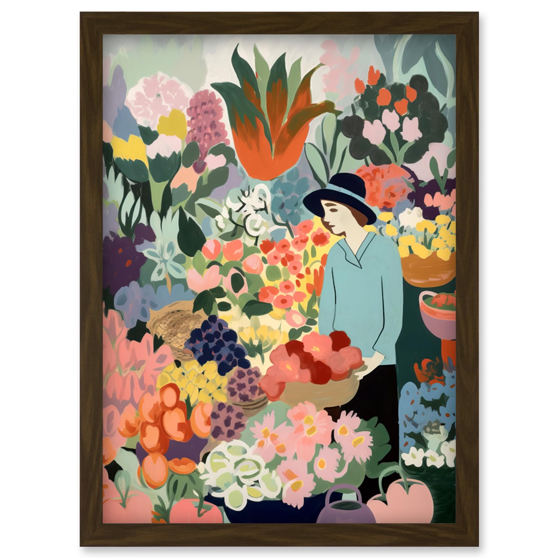 Artery8 Danish Pastel Aesthetic Flower Market Watercolour Painting Woman Bouquet Artwork Framed Wall Art Print A4