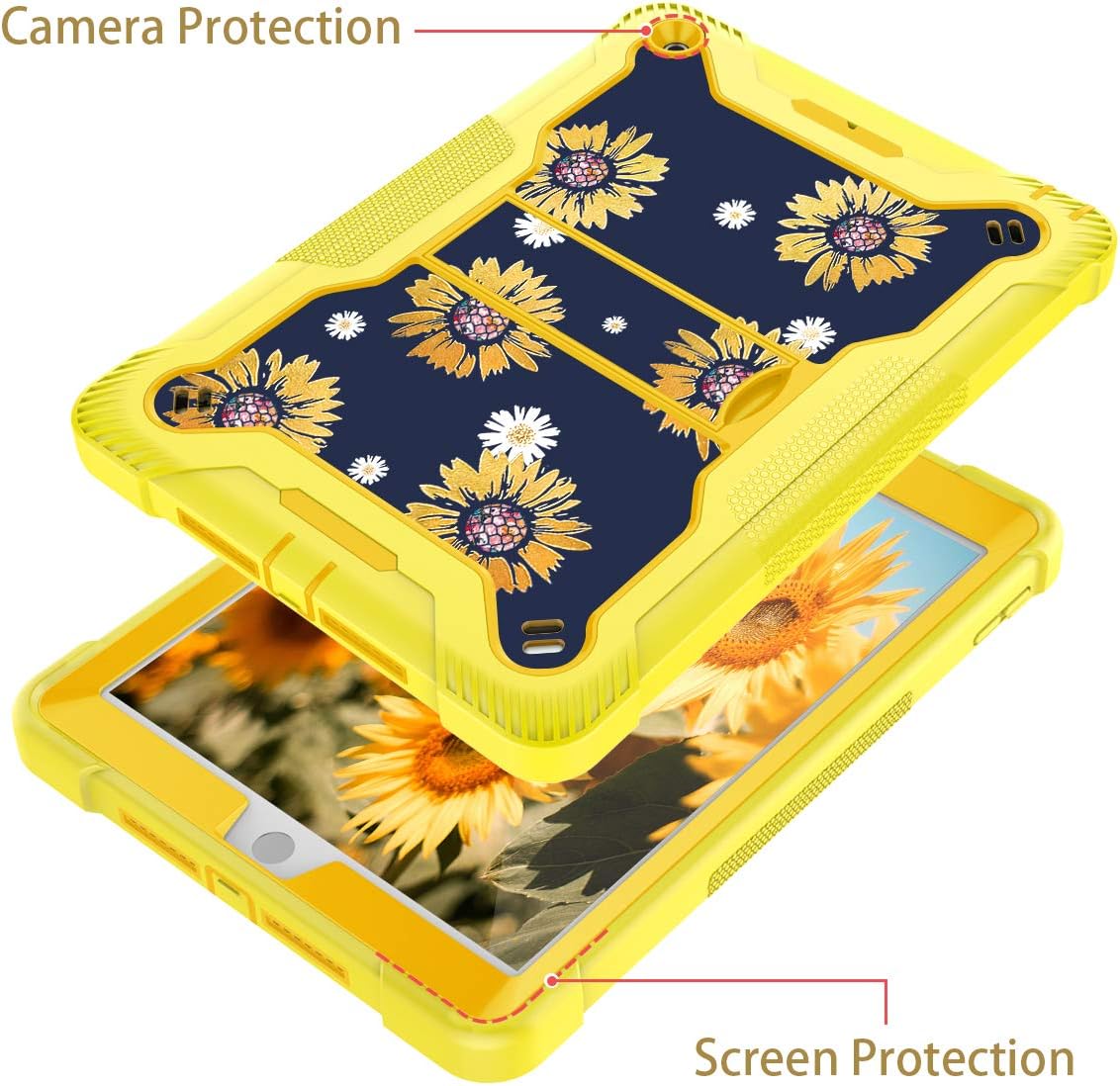 for Floral Sunflower Cute Slim Kickstand Hard PC Silicone Rugged Bumper Heavy Duty Shockproof Full Body Protective Case for iPad 9th/8th/7th 2021/2020/2019