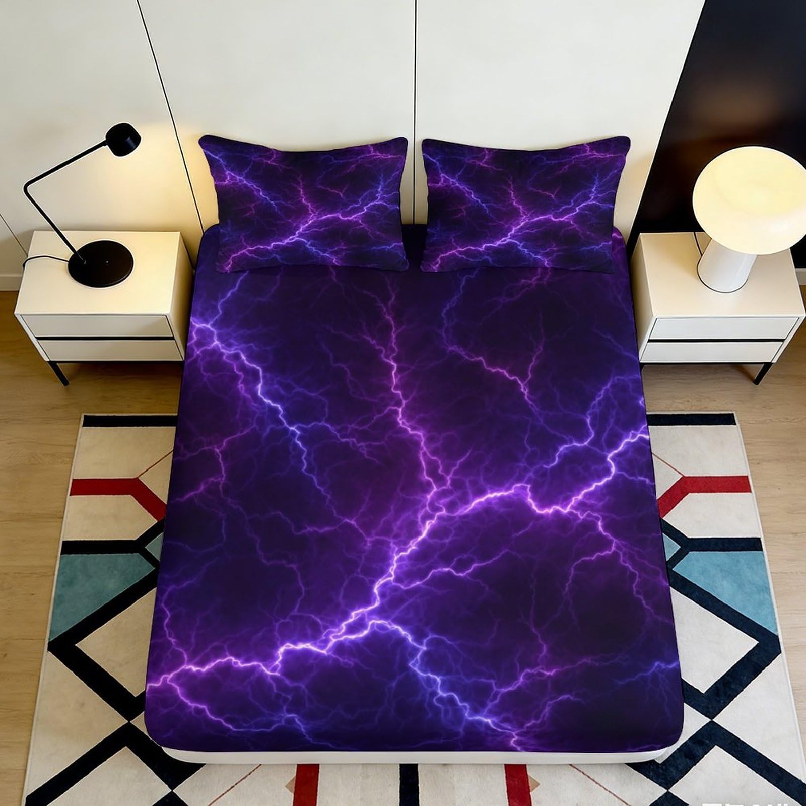 3D Printed Electric Storm Fitted Sheet Microfiber Purple Lightning Mattress Cover for Bedroom Dorm Decor Easy Care 180x200x25cm