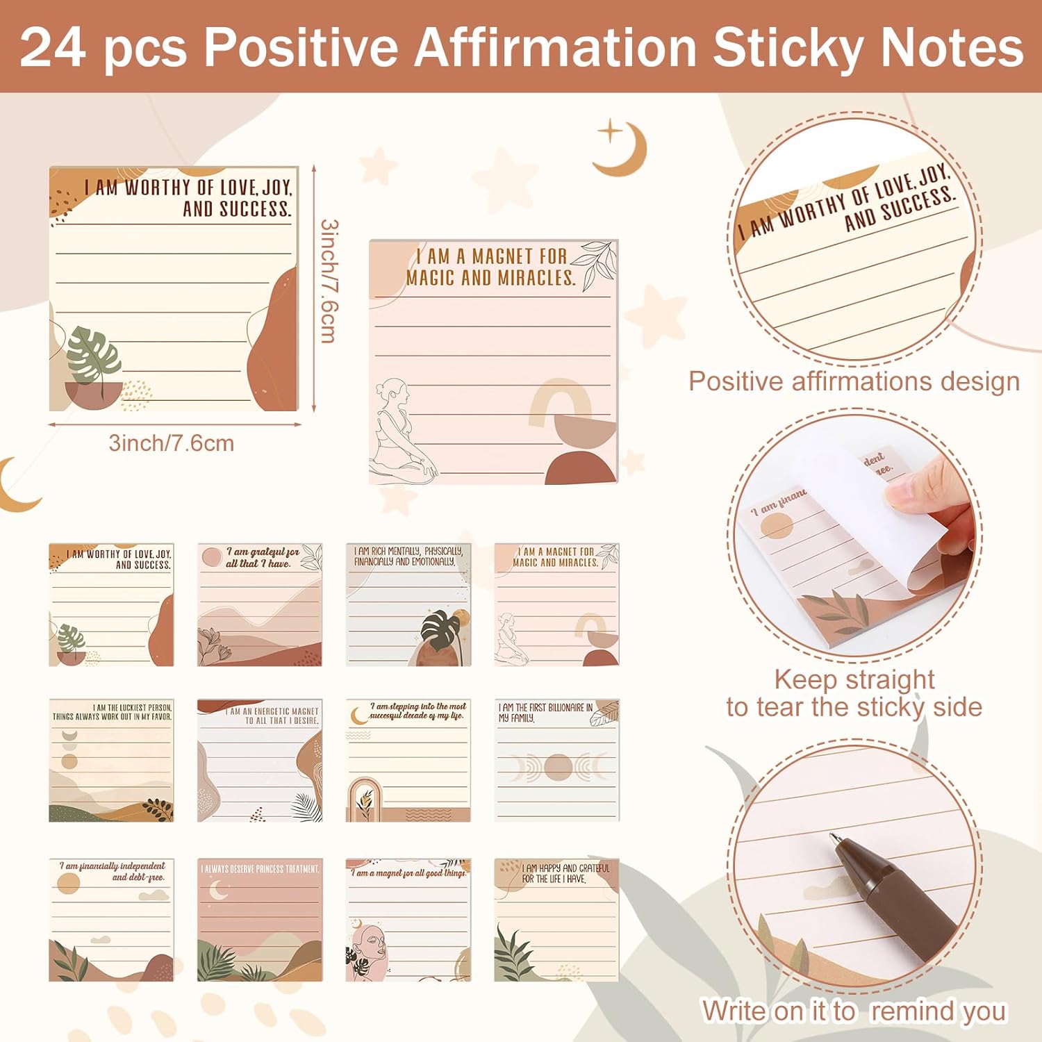 Funrous 72 Pcs Positive Affirmation Gift Inspirational Sticky Notes with Pens Bags Employee Appreciation Gifts for Coworkers Staff Home School Office Valentines Party Favors Gifts Supplies (Boho) - Image 3