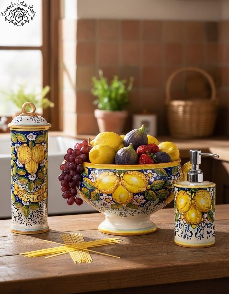 CERAMICHE D'ARTE PARRINI - Italian Ceramic Art Pottery Vinegar Cruet Bottle Dispenser Hand Painted Decorated Three Lemons Made in ITALY Tuscan