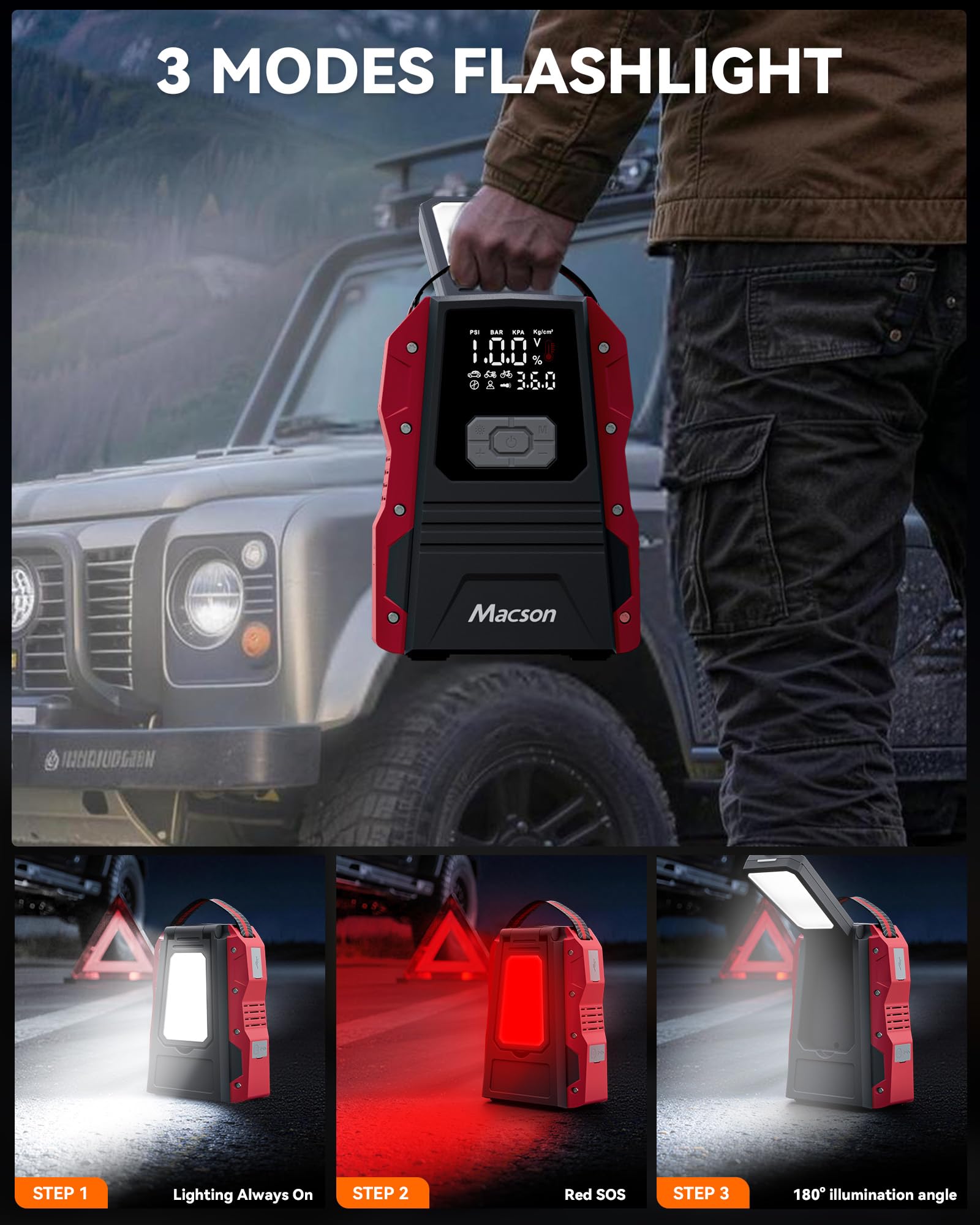Macson Batteria per auto da 5000 A, batteria portatile da 12 V, per motori diesel da 9,0 l, avviamento con 150 PSI, cavo di avviamento, torcia a LED pieghevole