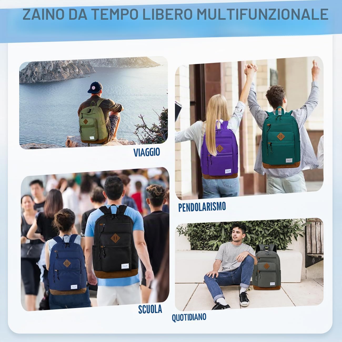 Chase Chic Zaino Uomo Donna, 15,6 Pollici Zainetto Scuola Leggero Zaini Porta Pc Grande Backpack per Università Media Lavoro
