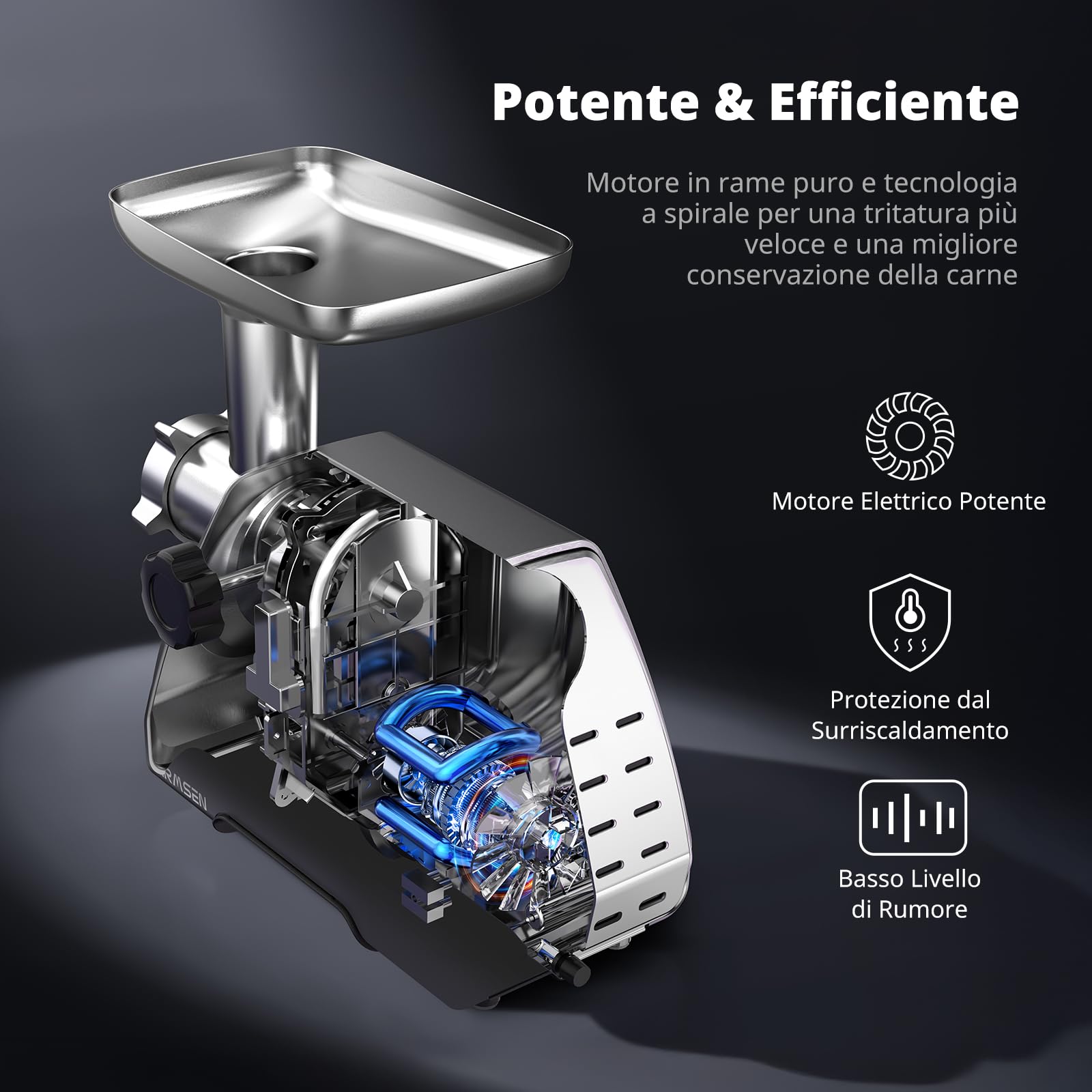 AIRMSEN Tritacarne Elettrico Professionale 2 Lame Acciaio Inox 3 Griglie & Accessori Salsicce Kubbe Motore Silenzioso Pulizia Facile Ideale per Casa (Piccolo) (M)