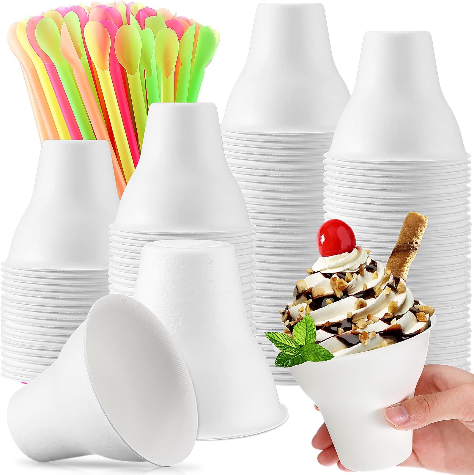 FoldTier 100 Set Snow Cone Cups and Straws Set 12 oz Colorful Shaved Ice Snow Straws Ice Cream Bowls Thicken Paper Cups for Wedding Birthday Party Food Holiday Summer Cookout