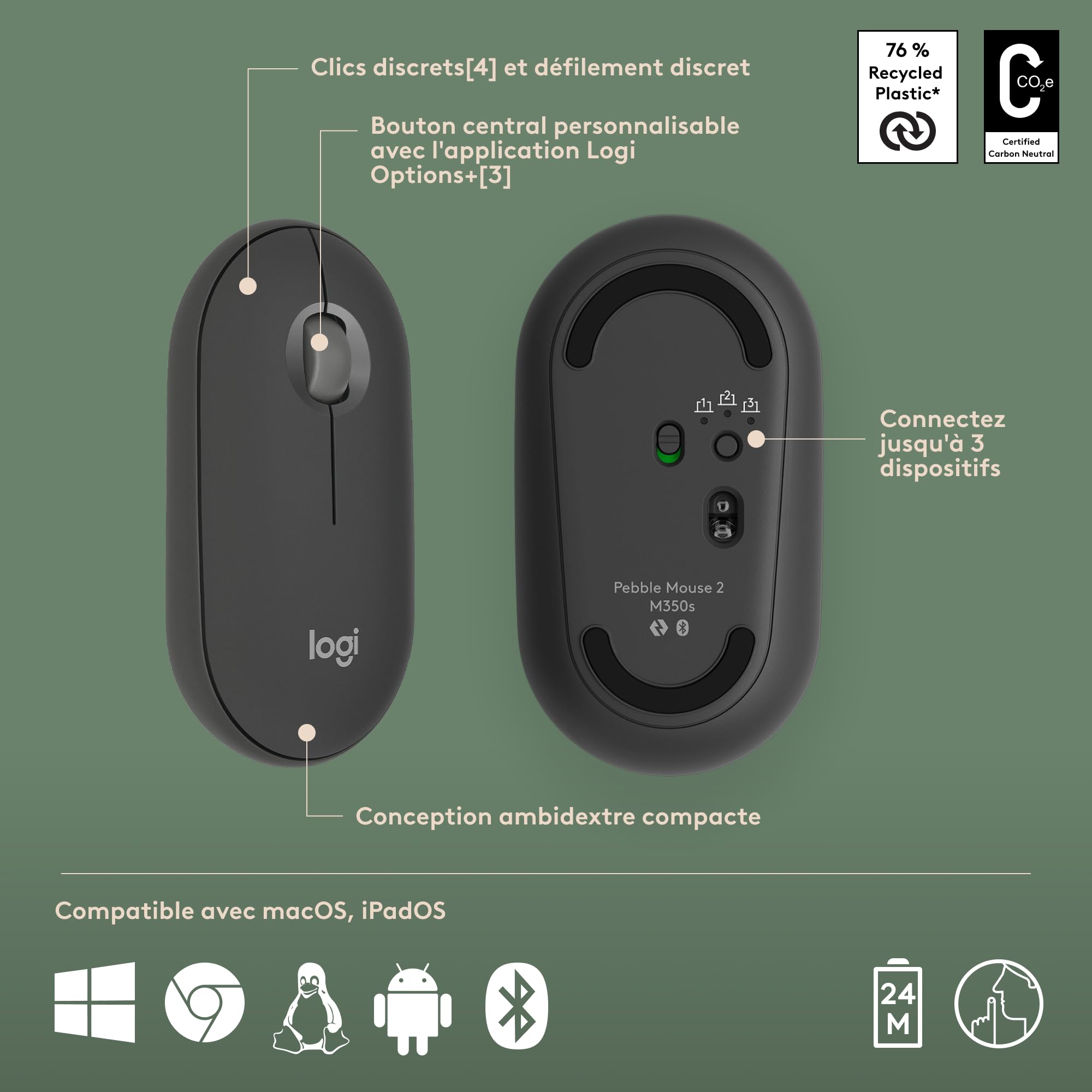 Logitech Pebble 2 Combo, Clavier et Souris sans Fil, discrets et Portables, Personnalisables, Logi Bolt, Bluetooth, Easy-Switch pour Windows, macOS, iPadOS, Chrome - Clavier Français AZERTY, Graphite