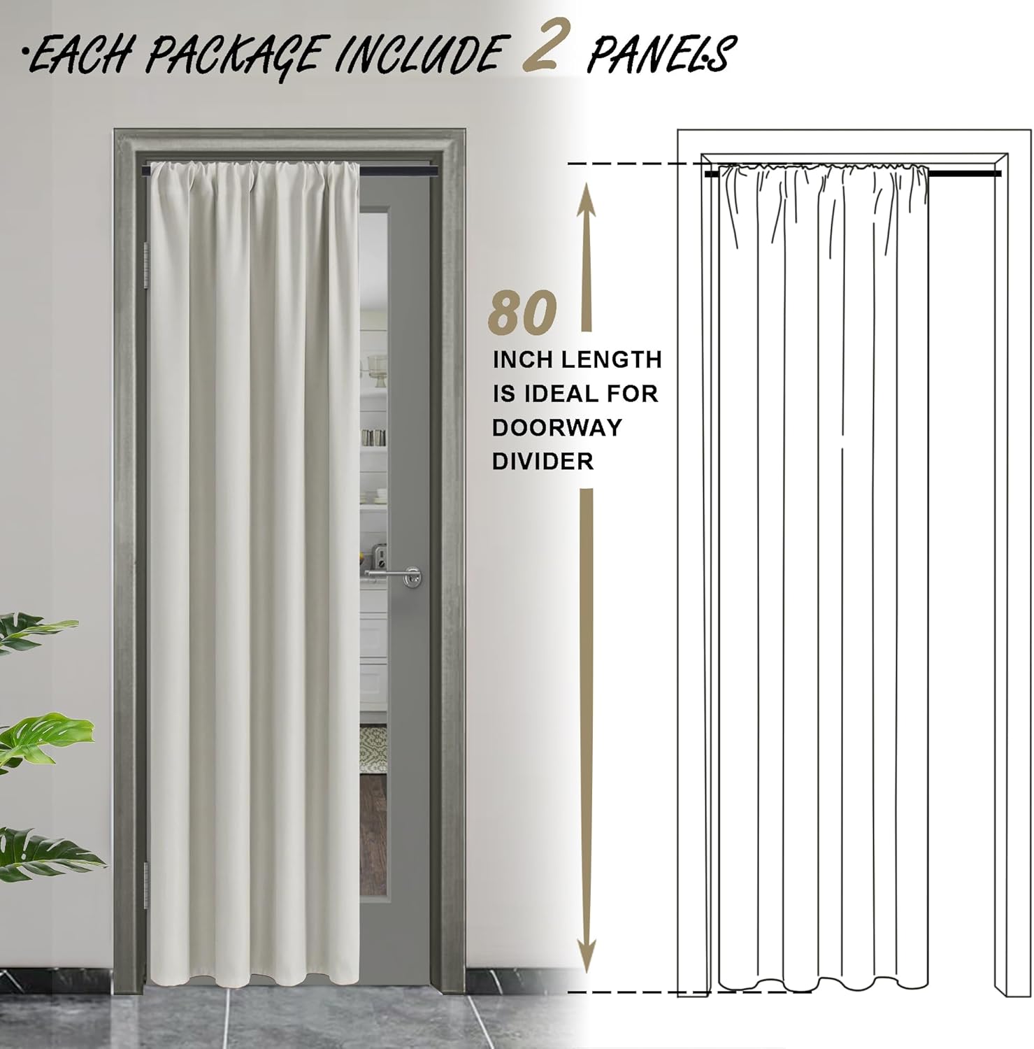 JIUZHEN Blackout Doorway Curtains 80 inch Length - 2 Panels Thermal Insulated Privacy Soundproof Rod Pocket Closet Door Curtains Room Divider for Bedroom,Office, 42 x 80 inches, Ivory