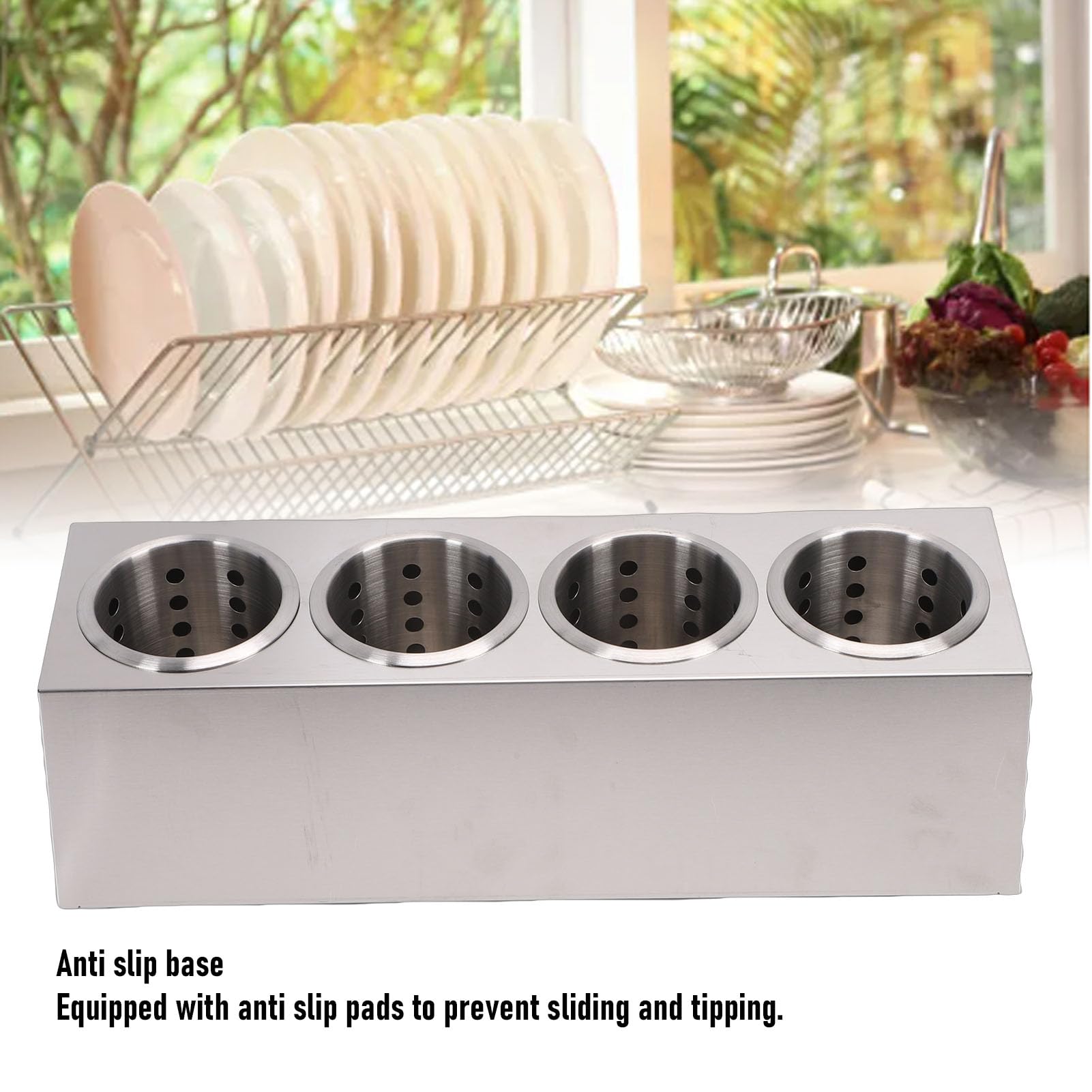 Soporte para Utensilios de Encimera de Acero Inoxidable, Organizador de Cubiertos con Cilindros de Drenaje Desmontables, Carrito de Almacenamiento de Cubiertos para Tenedores (4 compartimentos)