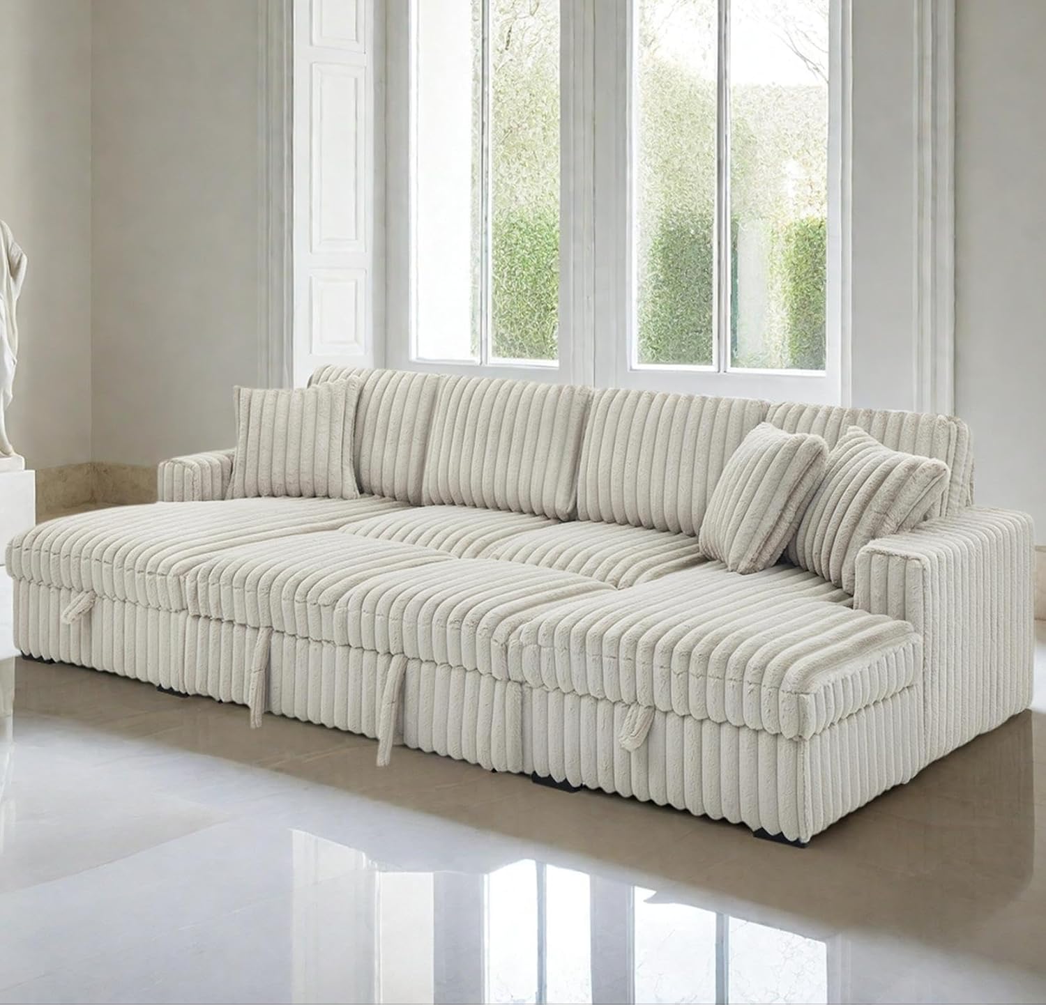 Modern Convertible Sectional Sofa with 2 in 1 Pull Bed, Minimalist Deep seat Design, Plush Corduroy Fabric Upholstery, Sleeper Couch with Storage Chaise, Living Room Furniture Set (Khaki)