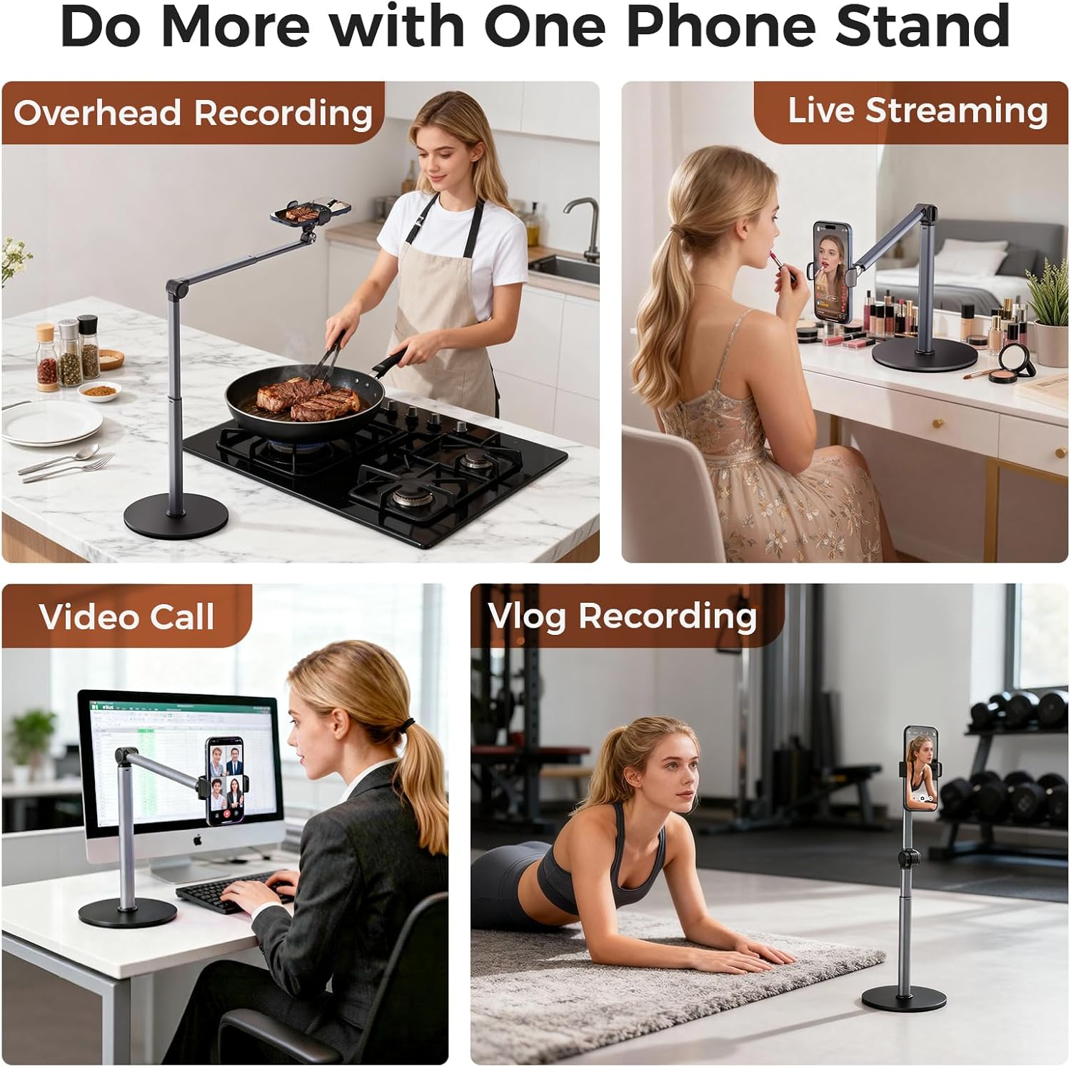 MoKo Overhead Tripod for iPhone, Heavy Duty Aluminum Overhead Phone Mount, Angle & Height Adjustable, Telescopic Arm, Overhead Phone Stand for Recording, Live Streaming, Cooking, Filming (Clip)