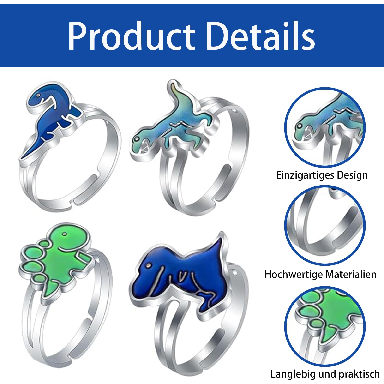 CtiUjdx 4 Pcs Mood Ring, Dinosaur Color Changing Jewelry Set - Image 3