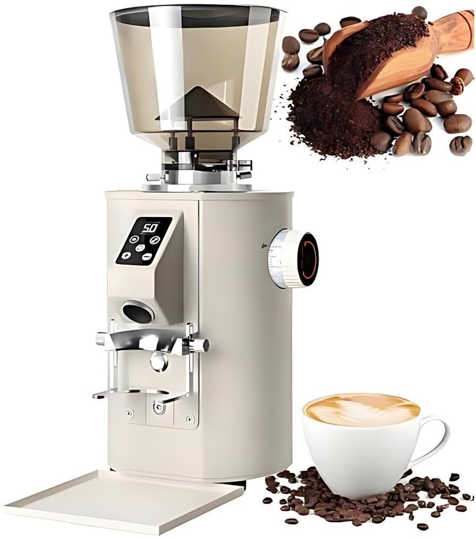 350W Electric Coffee Grinder, Commercial Coffee Flat Burr Grinder with 9 Precision Settings &amp; LED Display, 453g Large Capacity Hopper for Home &amp; Café White