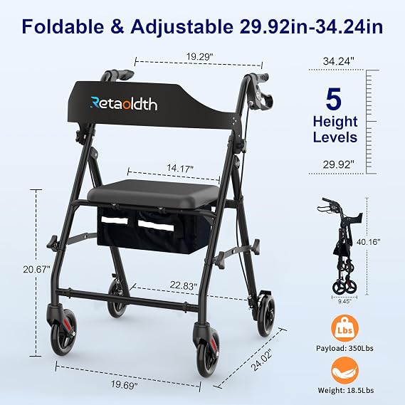 Foldable Rollator Walker with Seat for Seniors, Easy Folding & One-Hand Carry, Walkers for Seniors All-Terrain Wheels, Height Adjustable Lightweight Rolling Walker for Elderly, Black