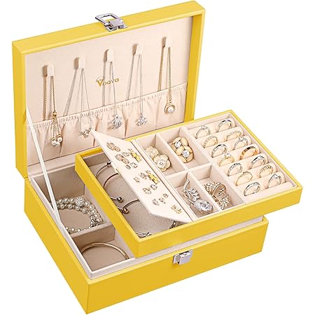 VoovaVoova Jewelry Box Organizer for Women Girls, 2 Layer Large Men Jewelry Storage Case, PU Leather Display Jewellery Holder with Removable Tray for Necklace Earrings Rings Bracelets, Vintage Gift, Yellow
