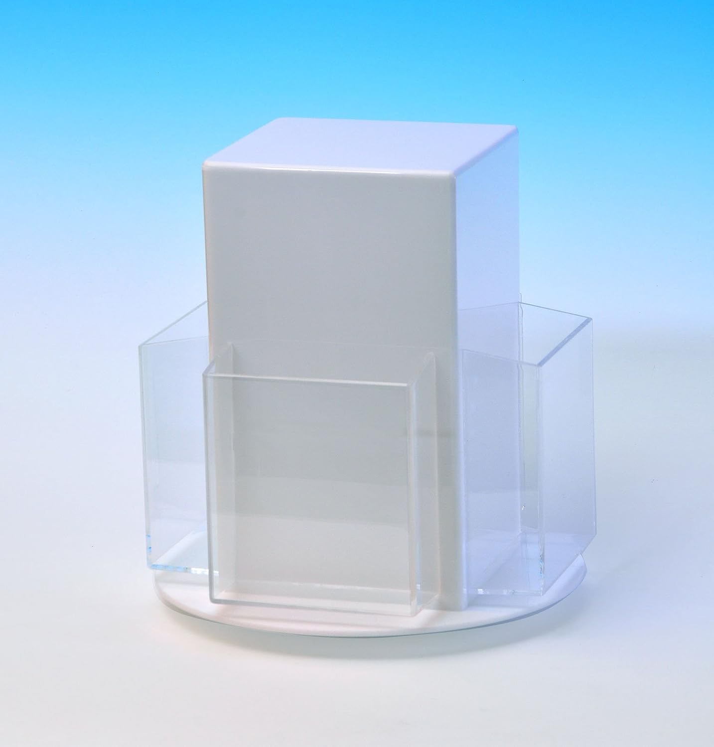 Four Pocket Brochure Rotator for 8-1/2 x 11's catalogs and brochures | Handmade of White and Clear Acrylic on a Rotating Base