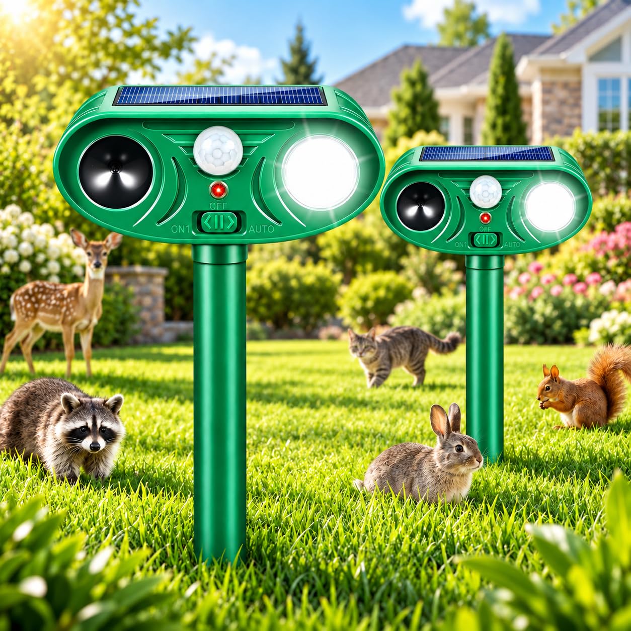 Solar Animal Repeller Outdoor 2 Pack Ultrasonic Deer &amp; Cat Deterrent