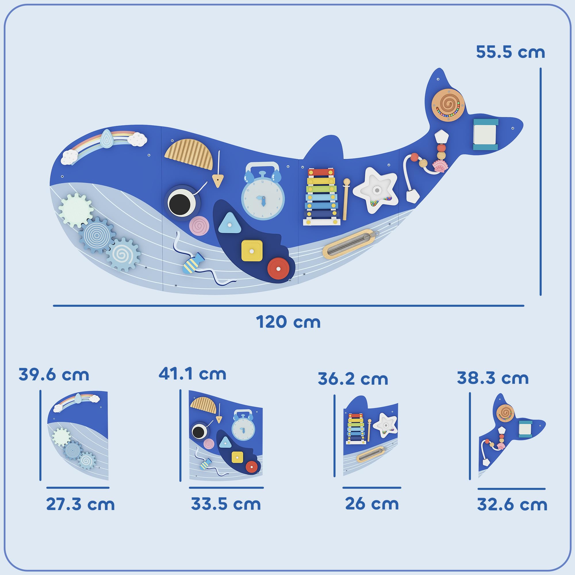 AIYAPLAY Busy Board Montessori in Legno 13 in 1 per Bambini da 2 Anni, Blu | Pannello Sensoriale da Parete a Tema Balena, con Ingranaggi, Percorsi con Perline, Orologio, Attività Musicali