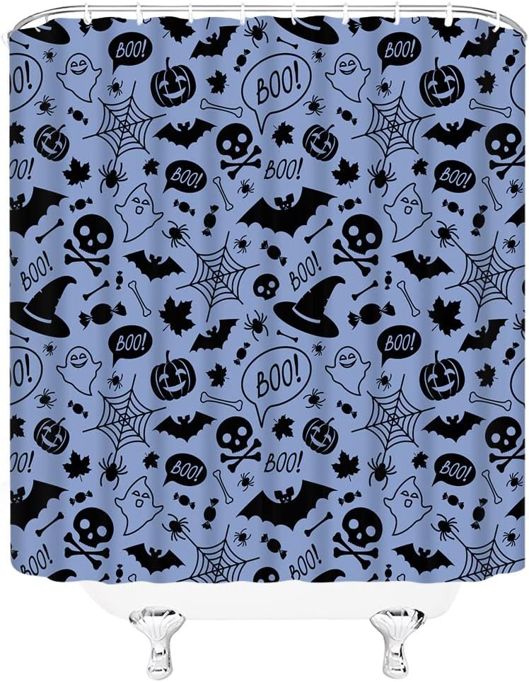 Spooky Halloween Shower Curtain Black Horror Ghost Skull Bat Pumpkin Spider Witchy Alchemy Gothic Halloween Holiday Blue 70" Wx96 H Bathroom Decor Curtain with Hooks
